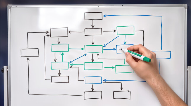 Flowchart diagram on whiteboard being drawn by hand with green marker. Business process mapping and organizational planning concept.