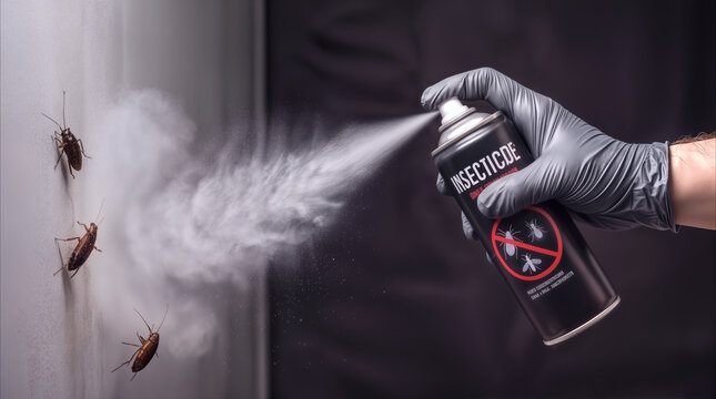 Exterminator spraying insecticide on cockroaches crawling on wall. Professional pest control service using aerosol spray to eliminate insect infestation in residential building.