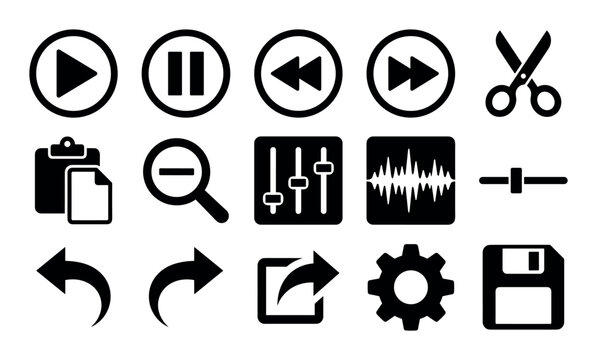 Digital video editing interface vector icons with play button, audio mixer and timeline slider for presentation design in silhouette style
