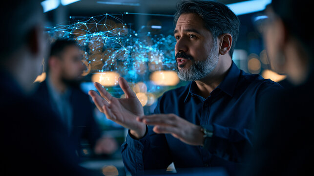 Rear view of a Brazilian cybersecurity engineer explaining complex firewall configurations and data protection strategies to a team member bright modern secure server room