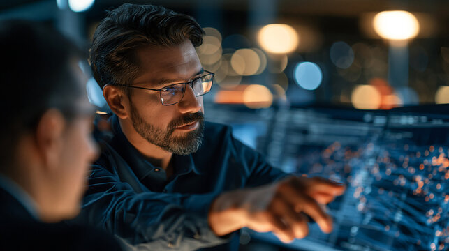 Rear view of a Brazilian cybersecurity engineer explaining complex firewall configurations and data protection strategies to a team member bright modern secure server room