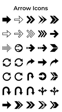 Arrow Icons, Directional Navigation Symbols, User Interface Communication Arrows, Black and White Vector Graphics, Web Design and Presentation Graphics Element