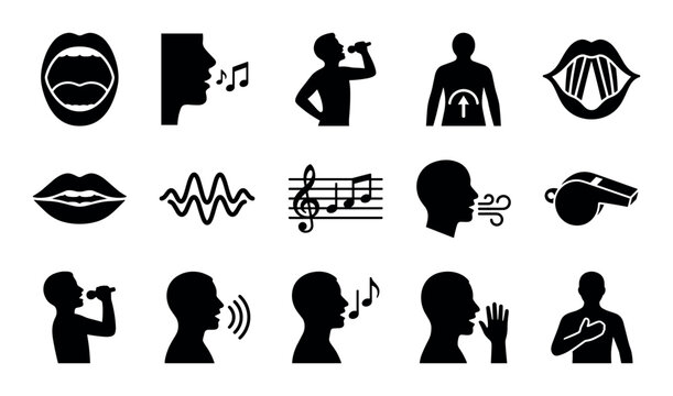 Vocal techniques vector icons with open mouth singing, humming and diaphragm breath for mobile app design in silhouette style.