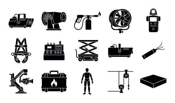 Special effects tools vector icons with smoke machine, fog cannon and light meter for mobile app design in silhouette style.