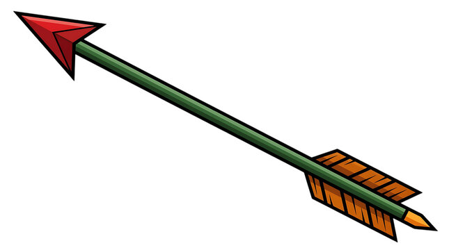 Cartoon Arrow illustration. Red and green comic style projectile with orange fletching. Colorful graphic design element isolated on white background.