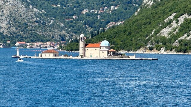 Aerial view of Our Lady of the Rocks and Saint George islands in the Bay of Kotor, Perast, Montenegro