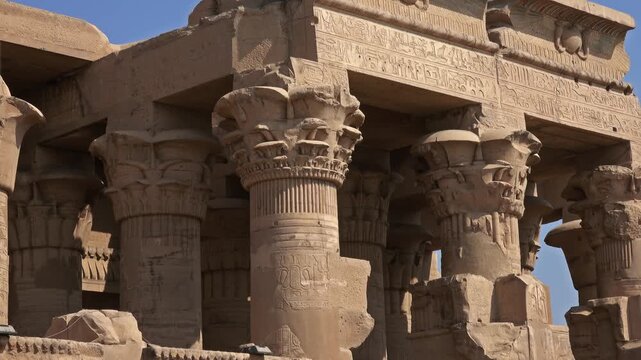 View of the Temple of Kom Ombo with massive stone columns and intricate hieroglyphic carvings in Aswan, Aswan Governorate, Egypt.