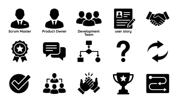 Scrum roles vector icons with Scrum Master, Development Team and product owner for web design in solid silhouette style