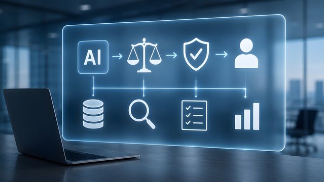 Laptop projecting holographic artificial intelligence legal workflow with justice scales database and analytics icons representing automated compliance