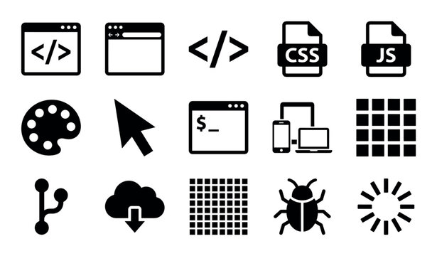 Frontend web development vector icons with code editor, browser window and HTML tag for web design in silhouette style