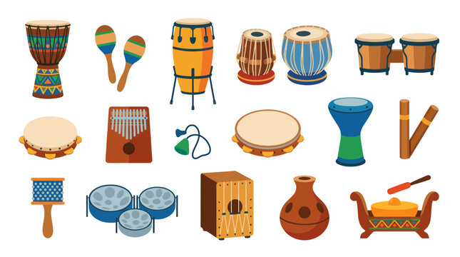 Flat Vector Icon Set of Various Percussion Instruments Collection
