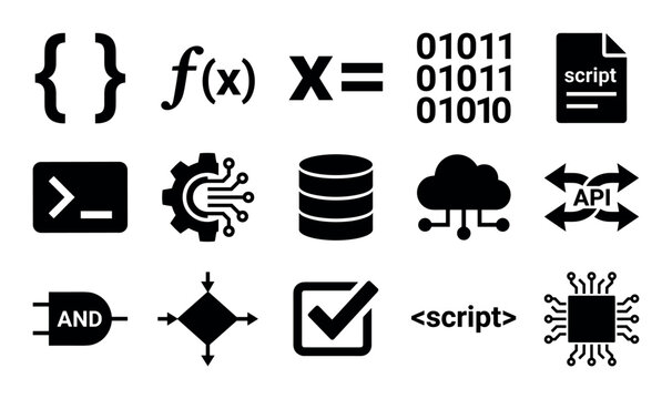 Fullstack developer programming vector icons with curly braces, function symbol and binary code for mobile app design in silhouette style