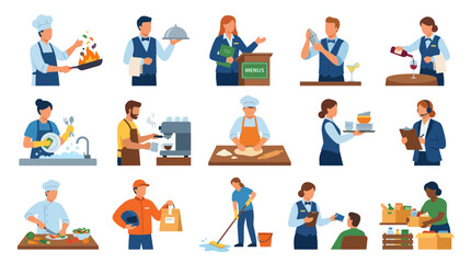 Fototapeta premium Flat Vector Icons of Food Service Professionals Working in Restaurant