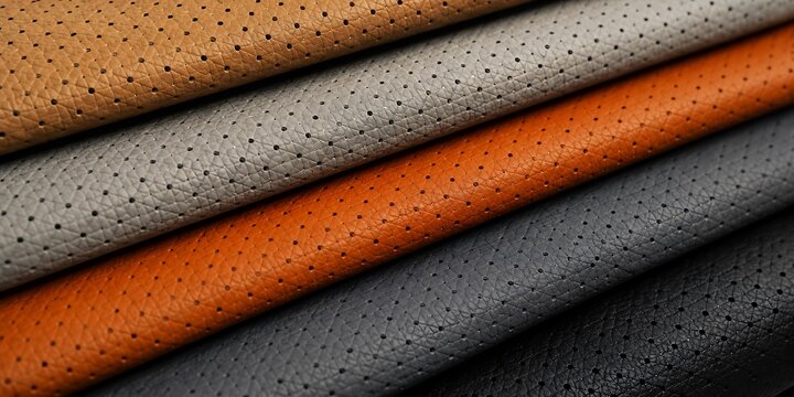Perforated leather samples in beige, grey, orange, and black. Automotive upholstery material texture. Premium car seat fabric swatches. Interior design surface background.