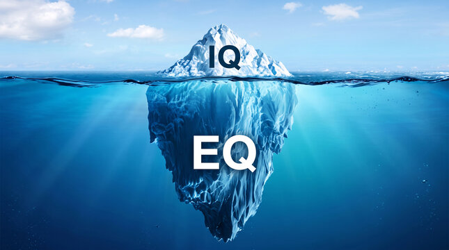 Iceberg metaphor showing IQ above water and EQ below representing emotional intelligence.