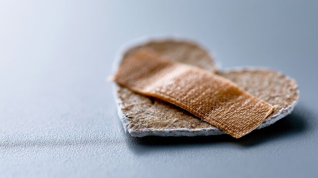A small, textured heart decoration with a golden ribbon tied around it, placed on a neutral surface