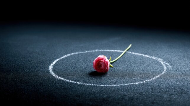 A single pink rose lying inside a chalk circle on a dark surface, symbolizing isolation and quiet contemplation