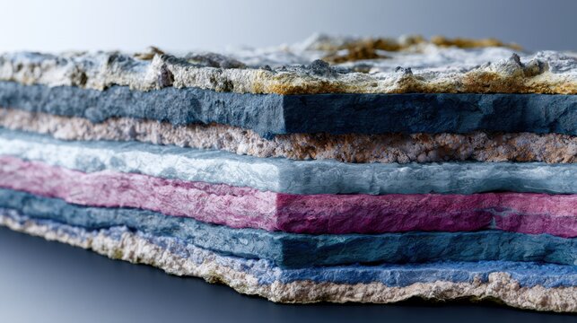 A geological cross-section showing multiple distinct layers of sediment and rock, each with a unique color and texture.