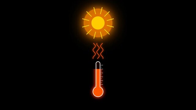 Glowing sun and thermometer icon on dark background.