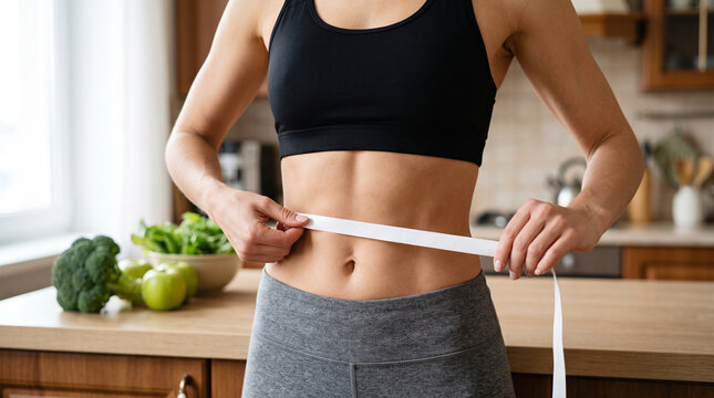 Fit woman measuring her waist with tape measure in kitchen for weight loss progress check