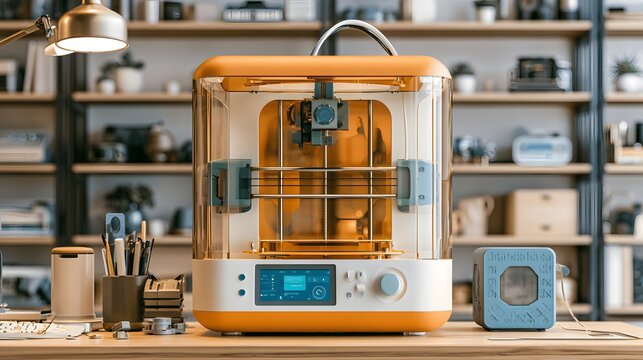A modern 3D printer sits on a desk in a creative office space. This represents technology, manufacturing, and industrial design innovation.