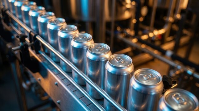 Modern beer canning line with shiny aluminum cans and equipment in a brewery top view