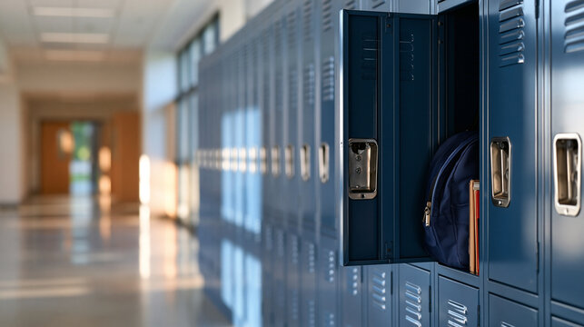 Single open empty blue metal locker along a bright nondescript high school hallway clean modern interior education storage concept daylight lighting bright clean composition
