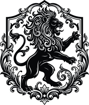 Heraldic rampant lion shield coat of arms, vintage royal crest vector frame illustration