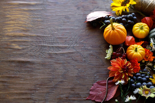 Thanksgiving flat lay. Autumn flat lay with pumpkins, fall leaves, flowers, berries on rustic wood. Happy Thanksgiving. Season greeting card  border, template with space for text. Harvest time