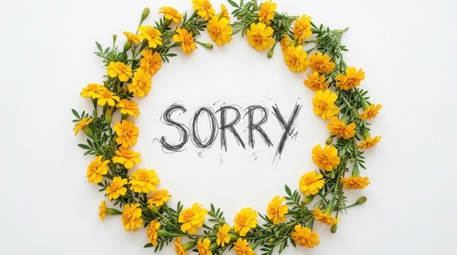 Handwritten message expressing sorry with yellow flowers on a white background
