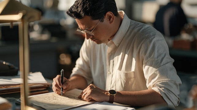 A product manager alone under harsh midday sun pauses mid-task for a safety check at a cryptic crossword typesetting station, a close up of the weathered paper texture filling the