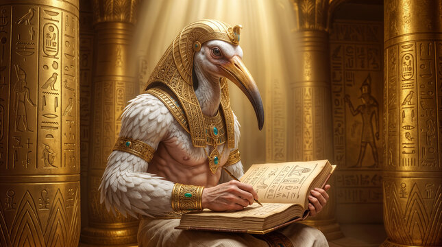 Egyptian deity Thoth depicted as ibis headed scribe writing in ancient book. Mythological figure in golden temple with hieroglyphics.