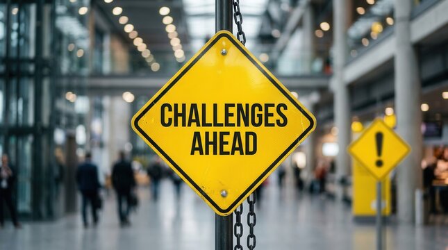 Yellow warning sign indicating challenges ahead in a busy environment