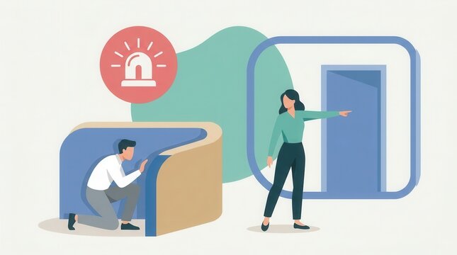 Illustration of two individuals reacting to a threat with one person hiding behind a barrier and another signaling a safe exit.