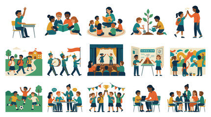 Fototapeta premium Happy Kids Learn and Play Together in a Vibrant School-themed Flat Illustration