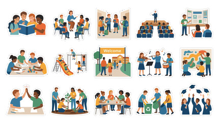 Fototapeta premium Diverse Students Learning Activities Flat Vector Sticker Set
