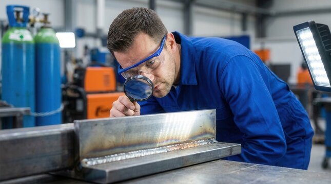 Specialist performing a visual weld inspection to examine weld seams for surface cracks and imperfections.