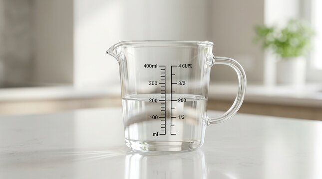 Glass measuring cup containing water on a clean kitchen counter