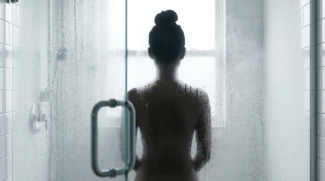 Female taking shower behind steamy wet glass door with obscure dark silhouette shadow in modern white tiled bathroom interior
