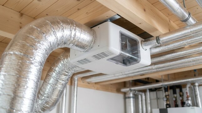 Organized installation of a compact heat recovery ventilator and efficient heat pump with minimal ductwork in a passive house mechanical room.