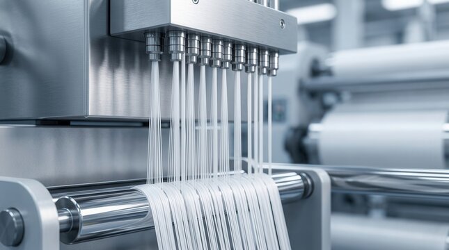 Detailed view of semidull nylon yarn extrusion lines showing smooth filament texture and moderate gloss from modern machinery.