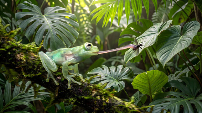 Green tree frog catching an insect with its long sticky tongue in a lush tropical rainforest