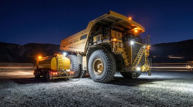Fuel tanker car refueling large quarry dump truck in mining quarry during night work