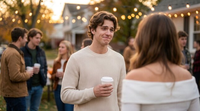 A group of adults at a neighborhood autumn block party awkwardly exchanging numbers for the first time.