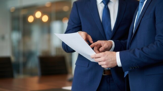 Private equity firm partners reviewing company acquisition documents in a modern corporate boardroom for business acquisition and wealth management.
