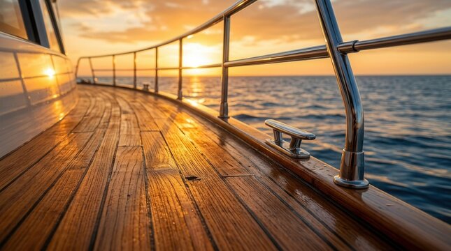 Close up view of beautiful wooden teak deck on luxury private yacht sailing across calm blue ocean water during spectacular golden summer sunset