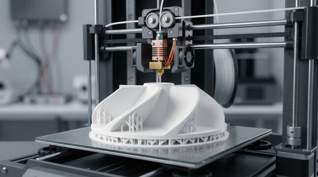 Medium shot of a polymer-based pump impeller being carefully produced on a resin 3D printer for fluid dynamics testing.