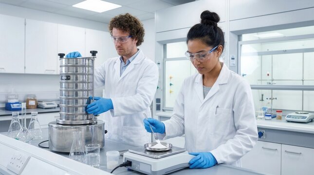 Laboratory specialists performing sieve analysis on powder samples to assess particle size distribution and purity in a controlled testing environment.