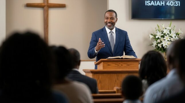 Black pastor preaching from a pulpit in a church sanctuary