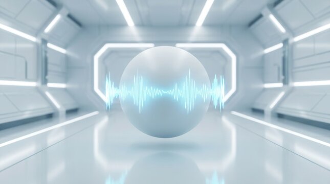 Floating white sphere with glowing blue digital sound wave monitor in a futuristic laboratory environment